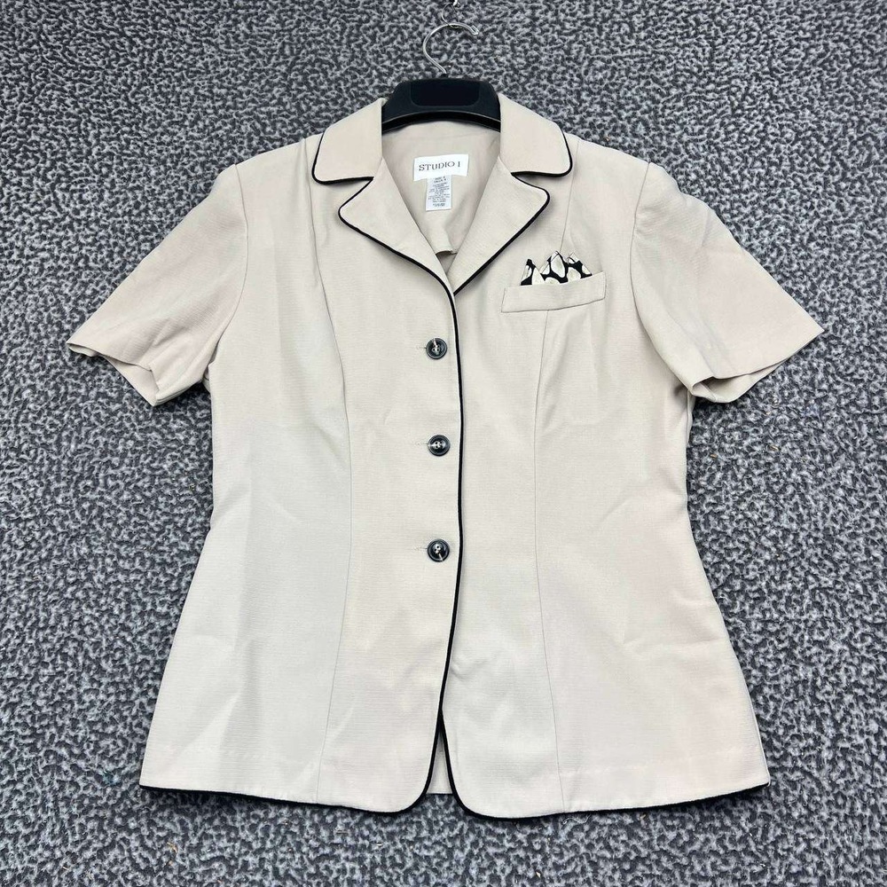 Studio I Blazer Jacket Women 8 Beige Short Sleeve Button Up